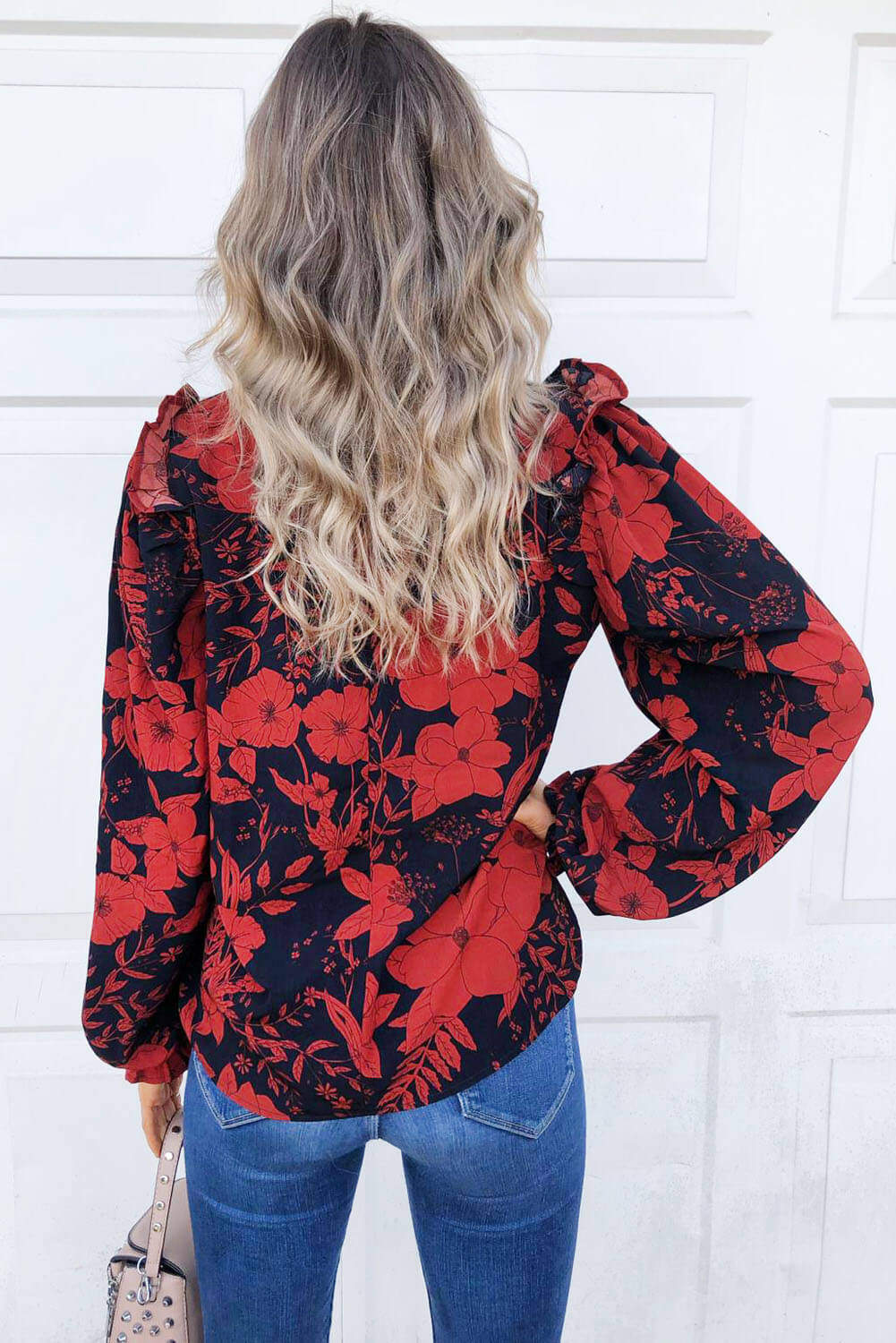 Red Floral Frill Shoulder Blouse - Swimclubus