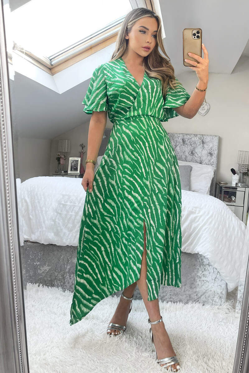 Green And White Animal Print Double Slit Midi Dress - Swimclubus