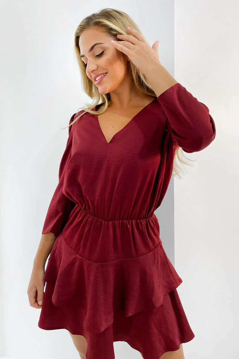 Wine Tiered Mini Dress - Swimclubus