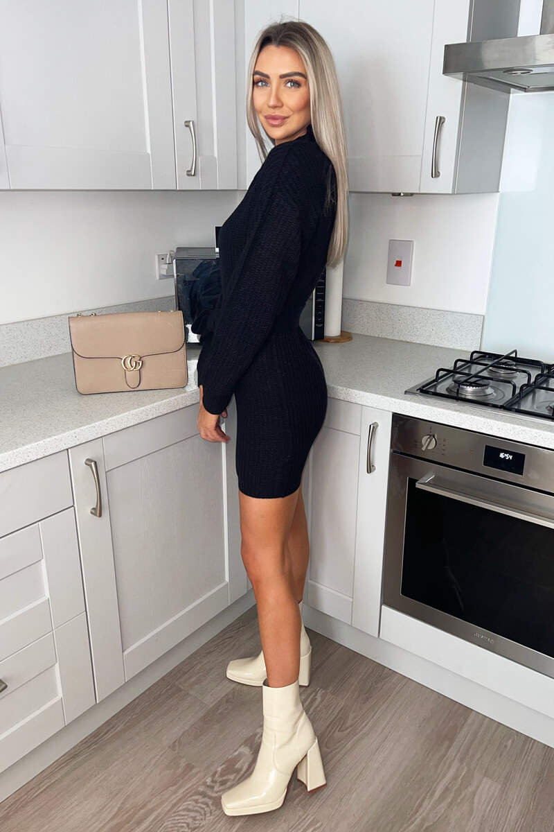 Black High Neck Belted Knitted Jumper Dress - Swimclubus