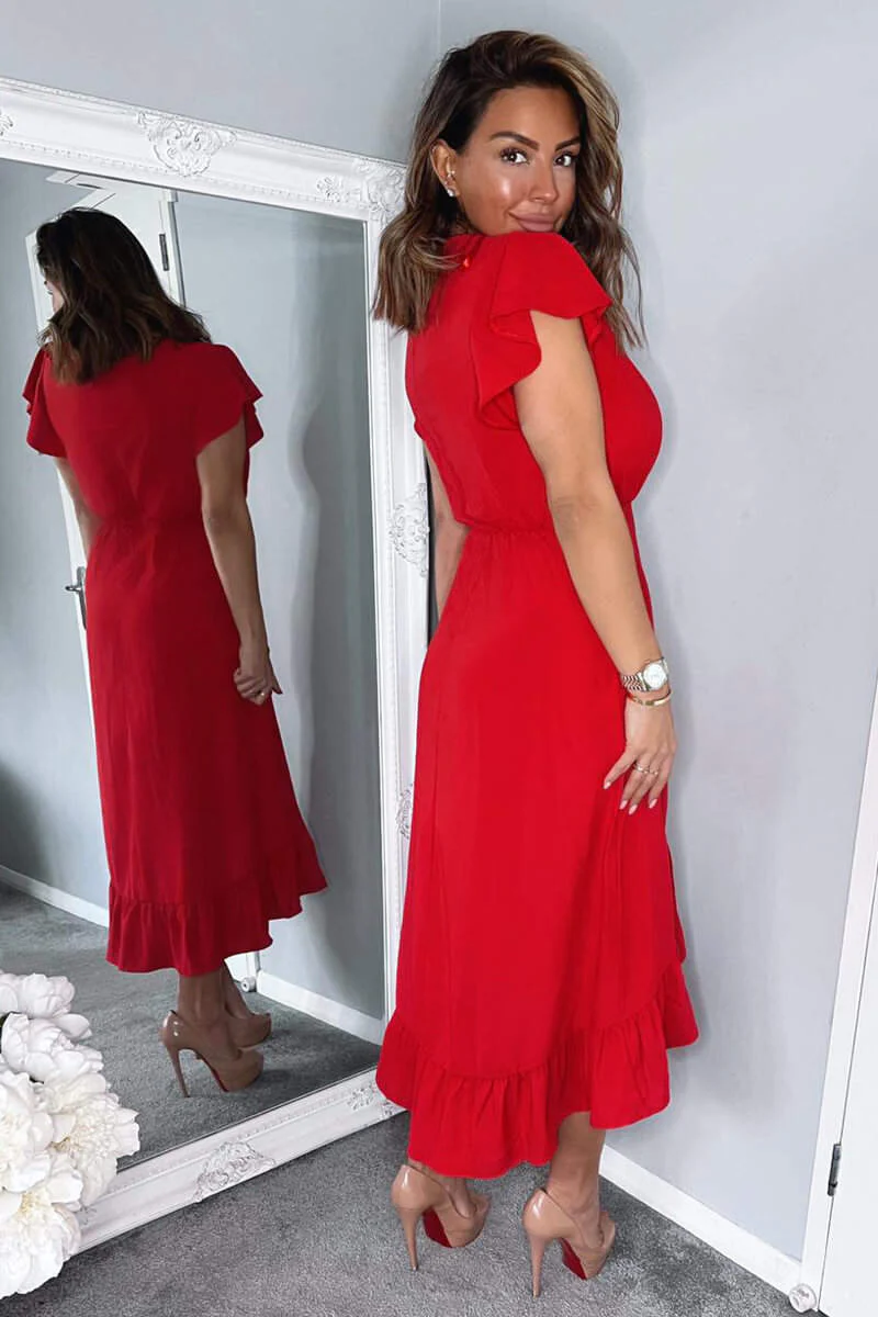 Red Wrap Over Frill Hem Short Sleeve Midi Dress - Swimclubus