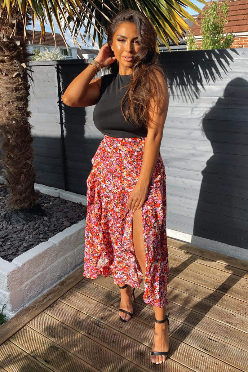 Red Printed Skirt 2 in 1 Midi Dress - Swimclubus