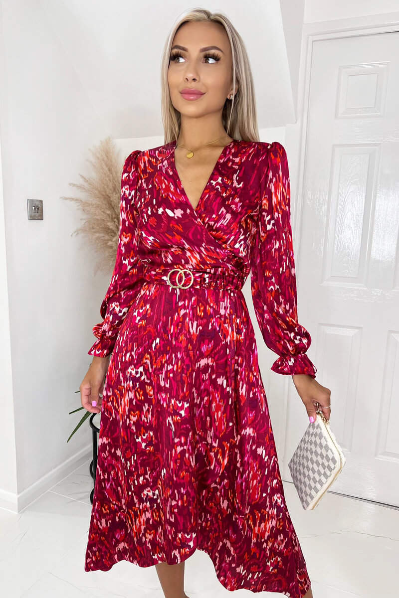 Wine Printed Long Sleeve Wrap Midi Dress With Belt - Swimclubus