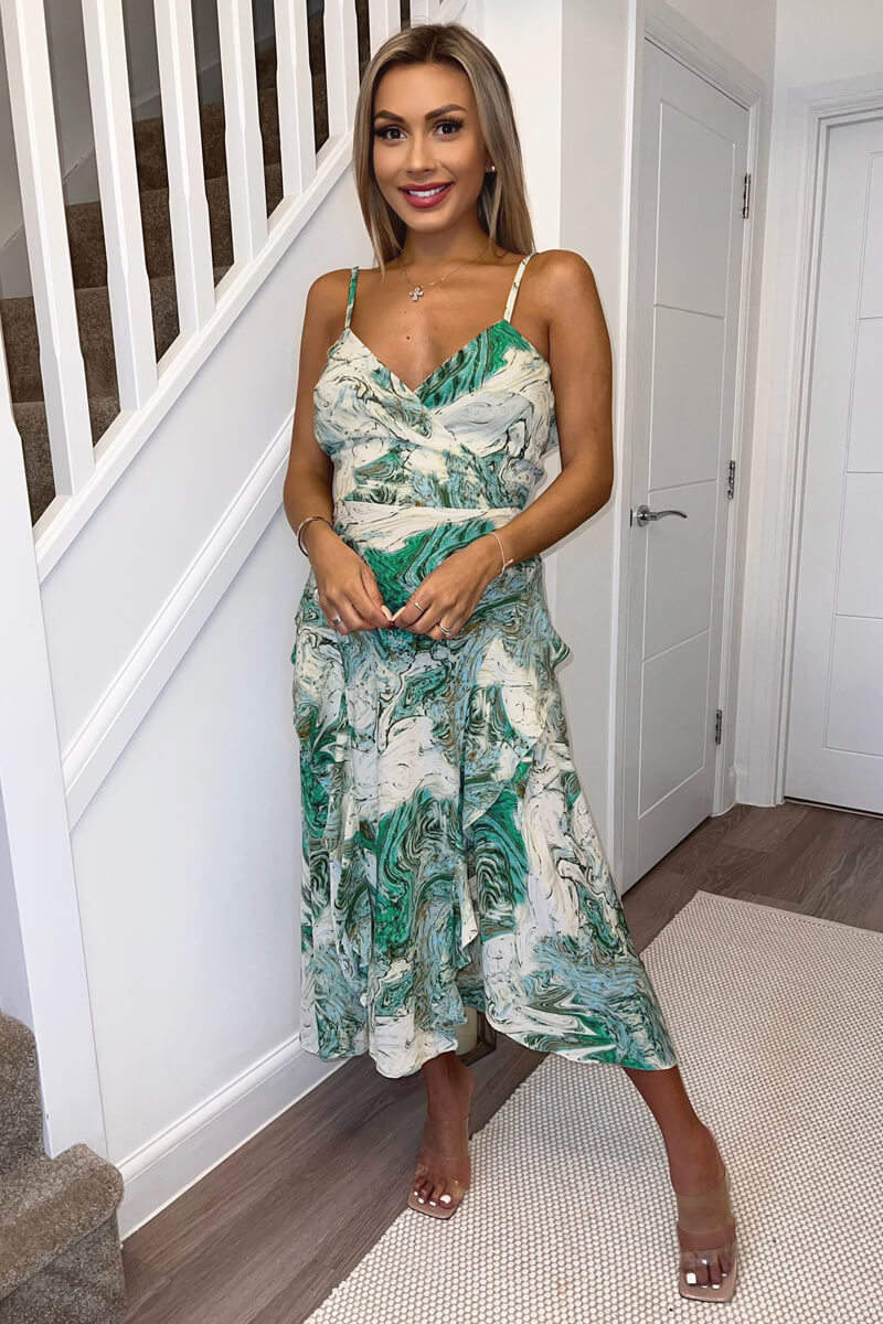 Green Marble Print Double Frill Strappy Midi Dress - Swimclubus