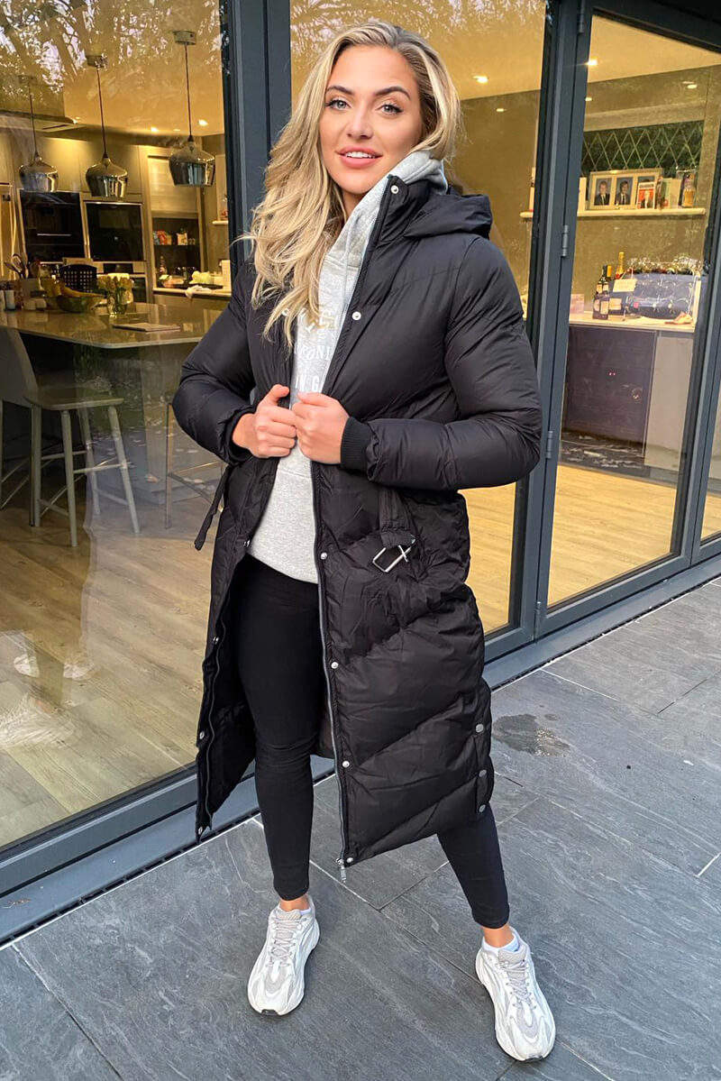 Black Belted Long Puffer Coat - Swimclubus