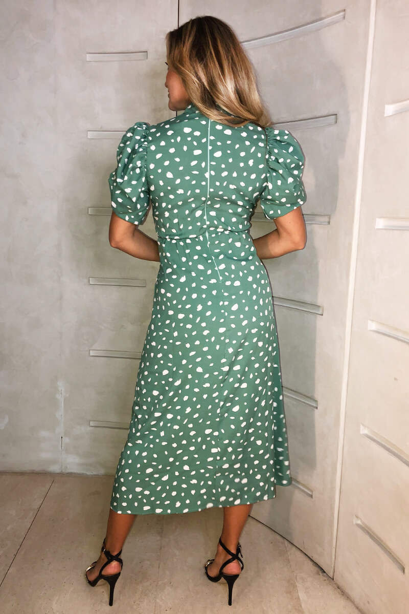 Green Printed Ruched Short Sleeve Midi Dress - Swimclubus