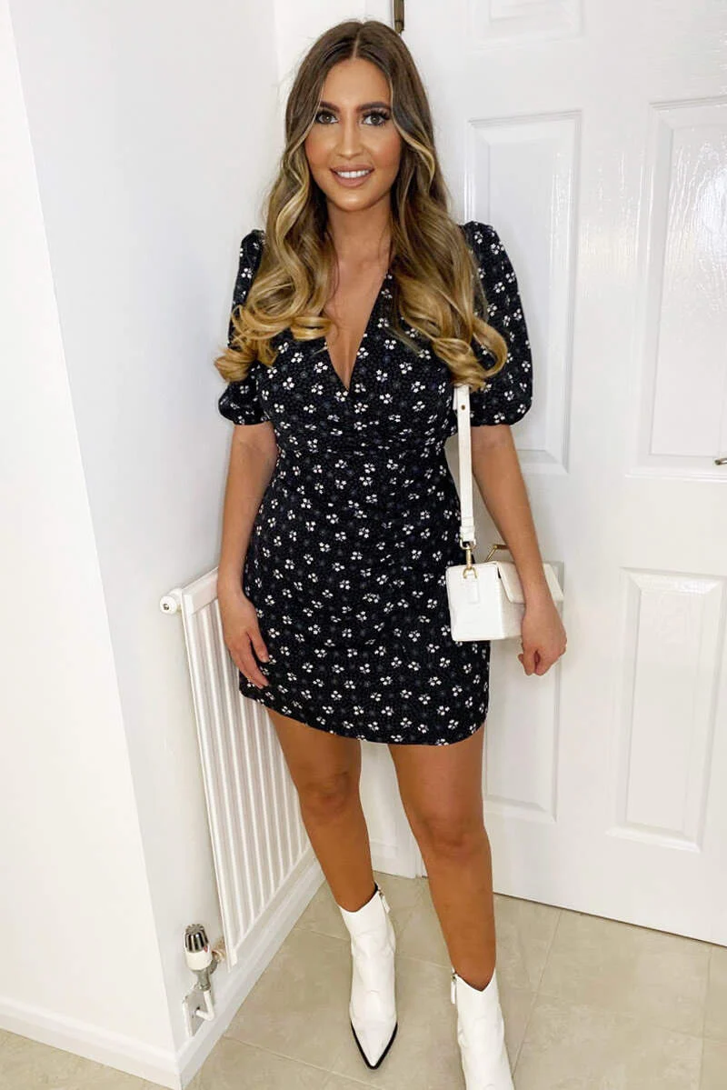 Black Ditsy Floral and Spot Pleat Wrap Dress - Swimclubus