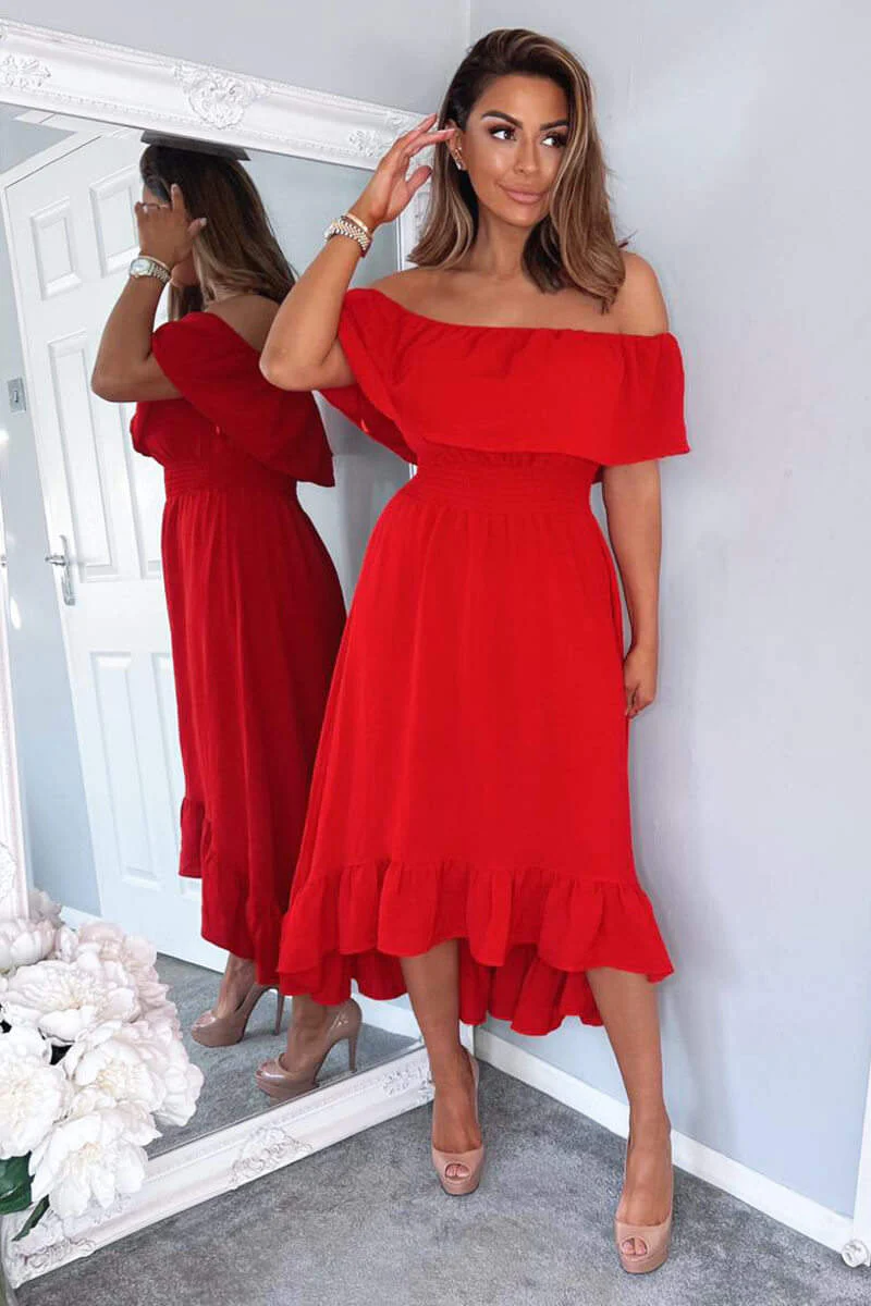 Red Bardot Style Midi Dress - Swimclubus