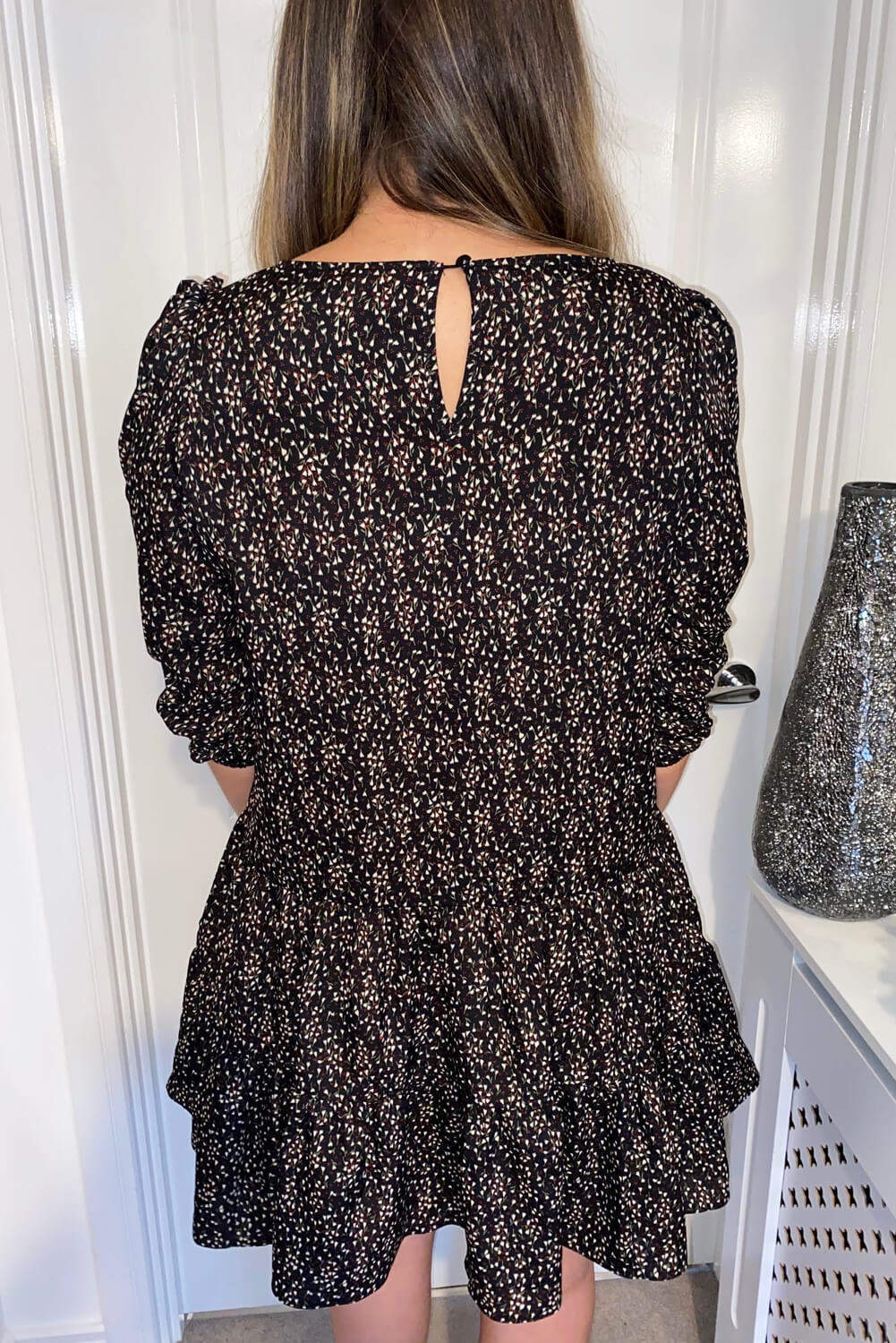 Black Ditsy Floral Frill Swing Dress - Swimclubus