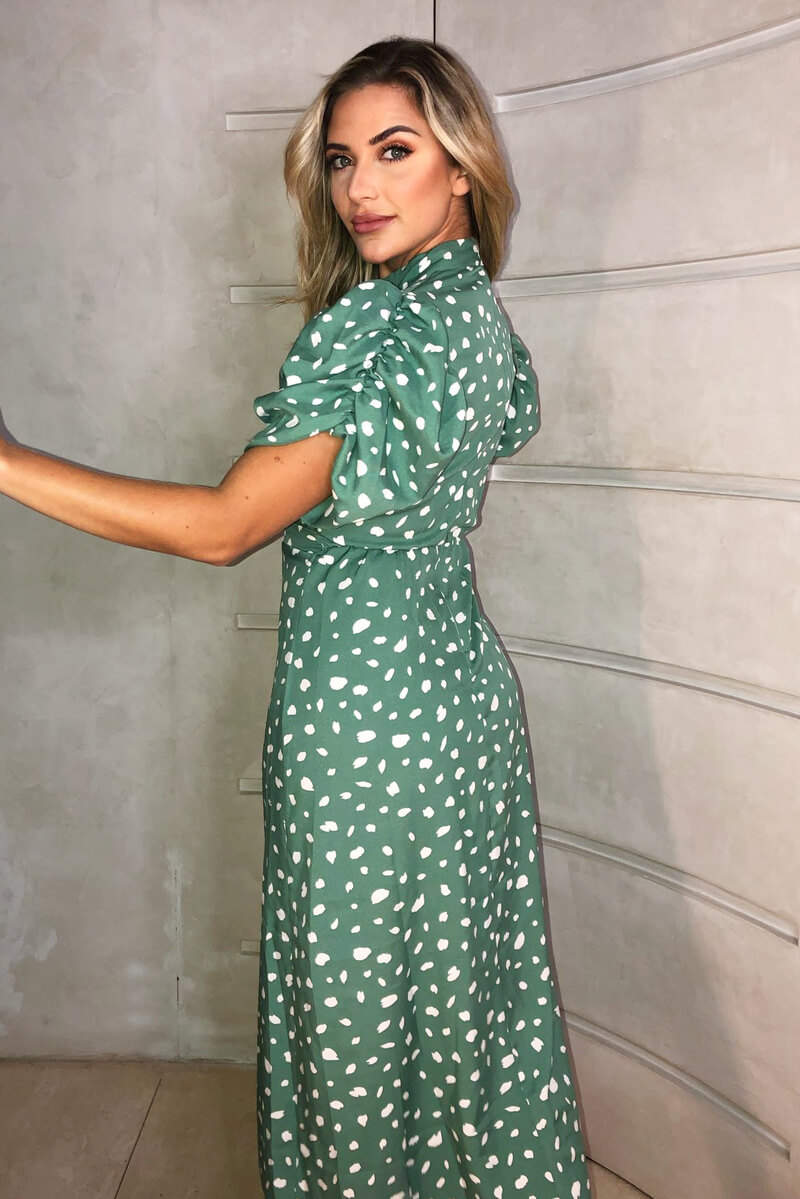 Green Printed Ruched Short Sleeve Midi Dress - Swimclubus
