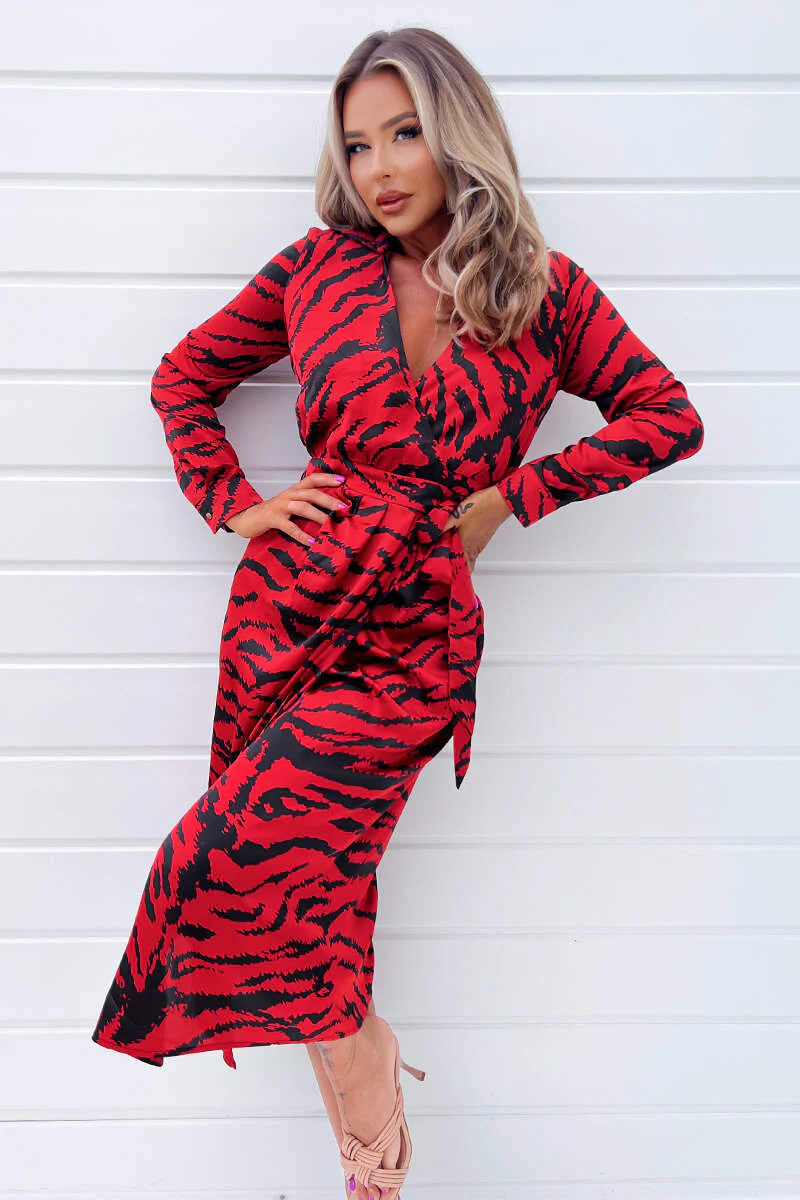 Red And Black Printed Long Sleeve Wrap Belted Midi Dress - Swimclubus