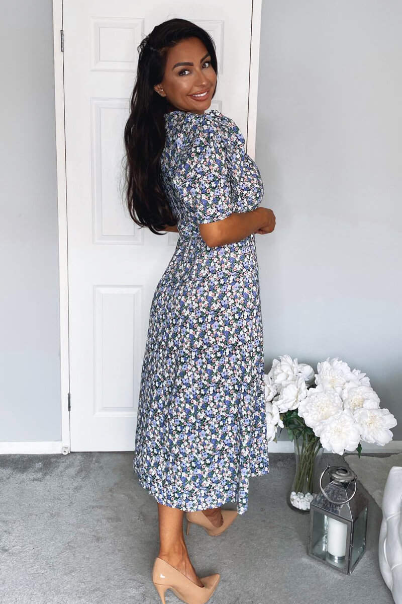 Multi Floral Pleated Sleeve Midi Dress - Swimclubus