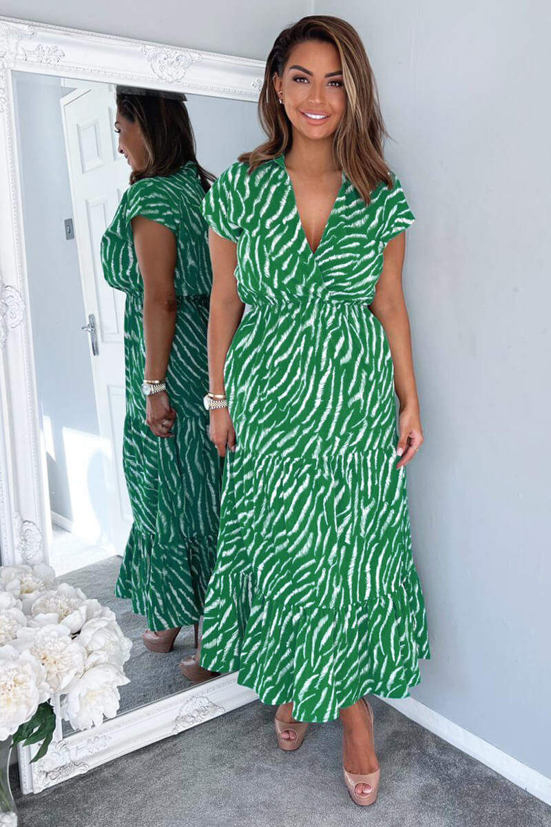 Green And White Animal Print Collared Smock Midi Dress - Swimclubus