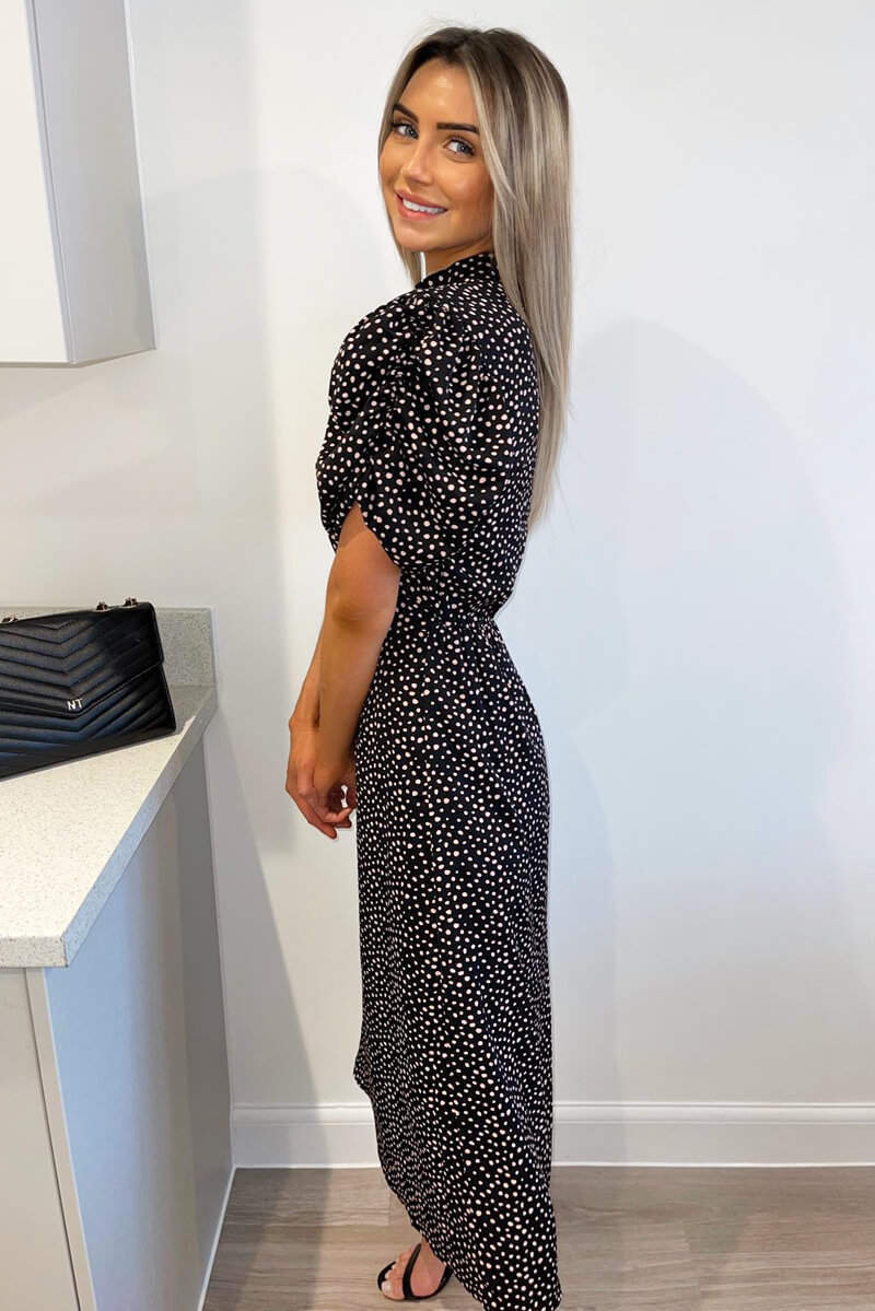 Black and Pink Polka Dot Puff Sleeve Midi Dress - Swimclubus