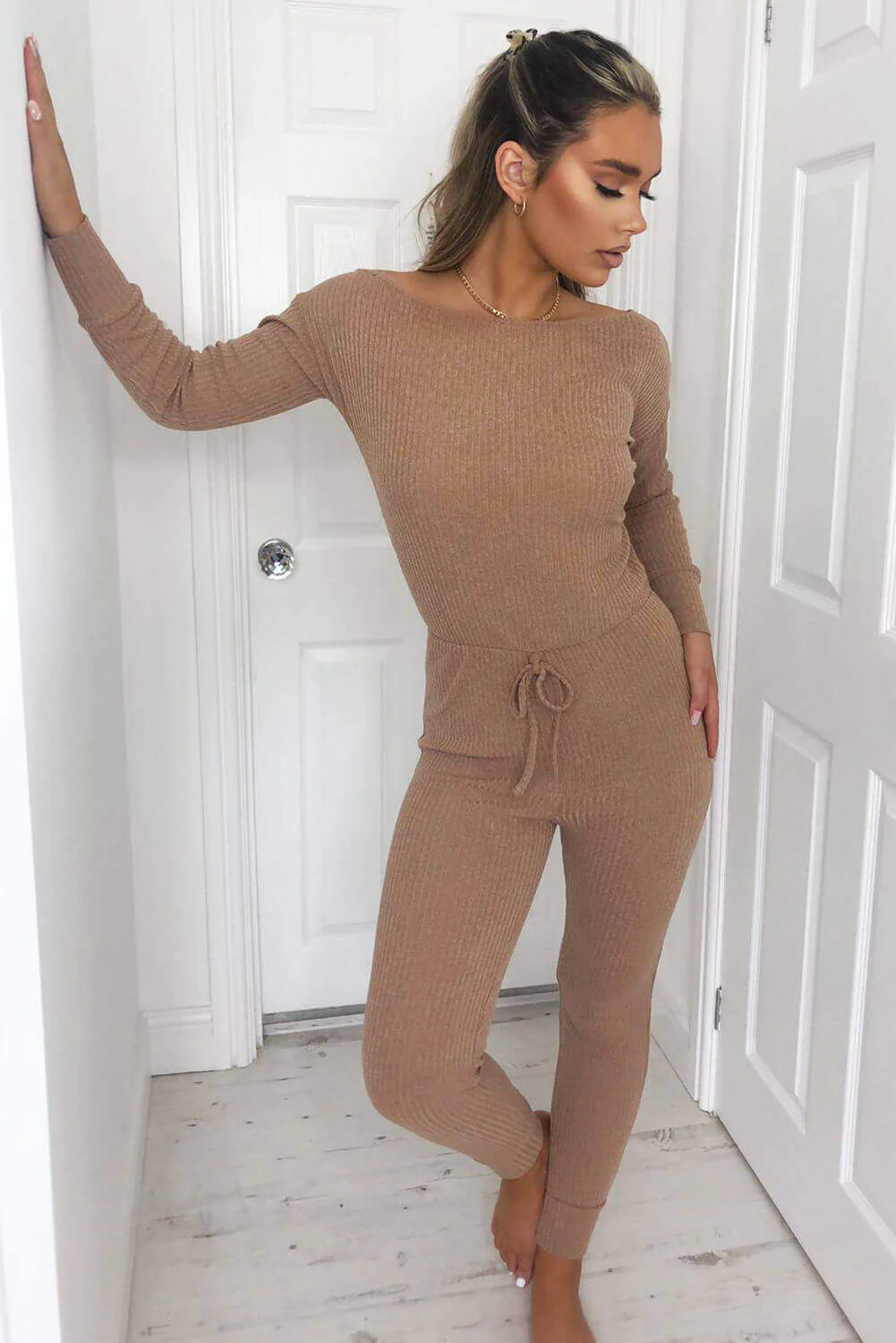 Camel Knitted Long Sleeve Jumpsuit - Swimclubus