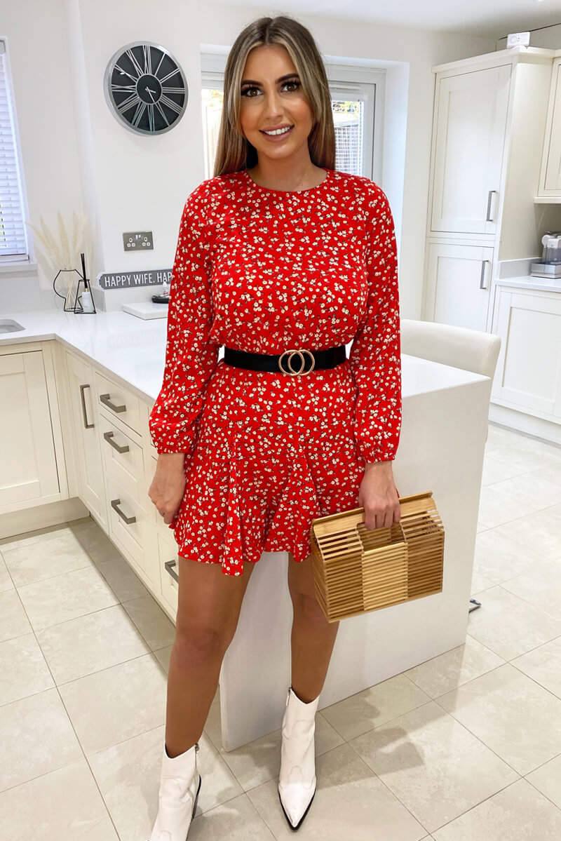 Red Floral Print Pleat Dress - Swimclubus