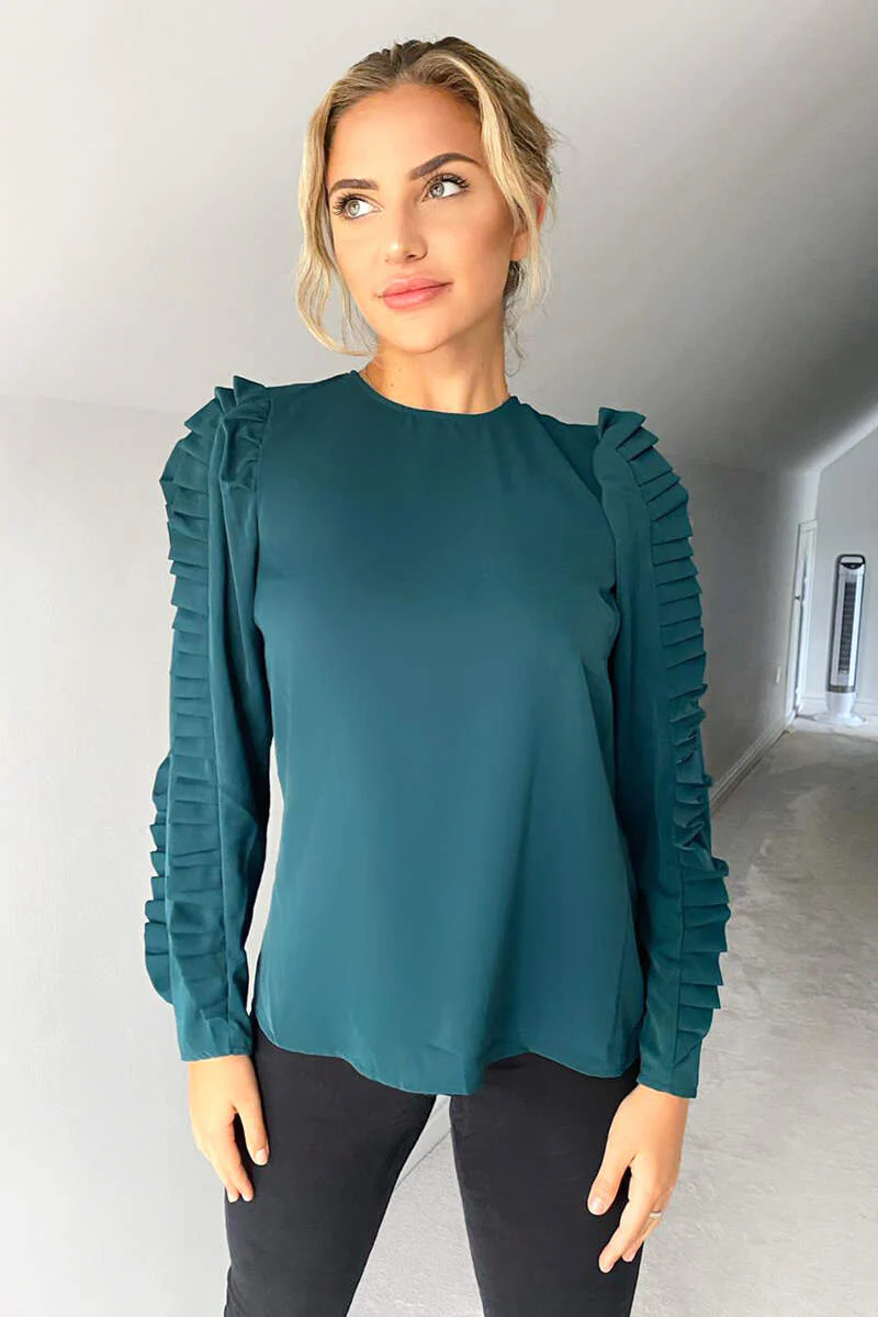 Teal Pleated Long Sleeve Top - Swimclubus