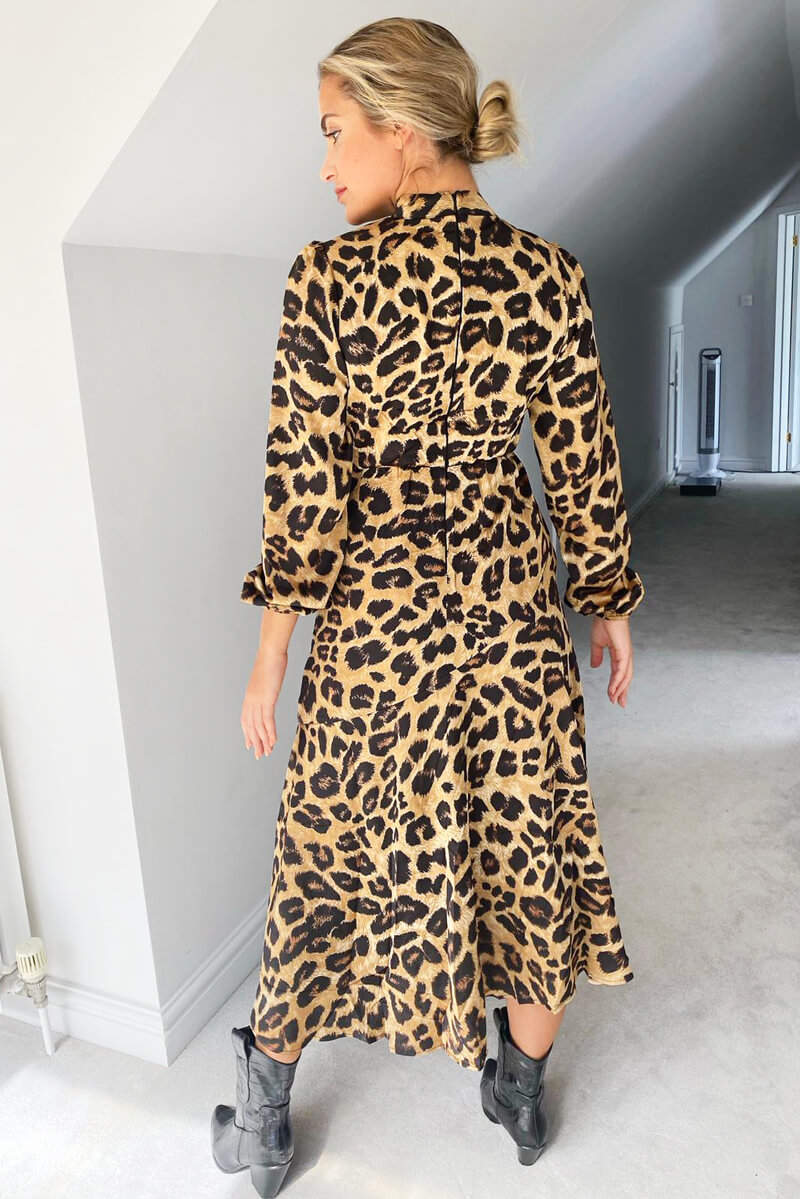 Camel Leopard Print Silky High Neck Dress - Swimclubus
