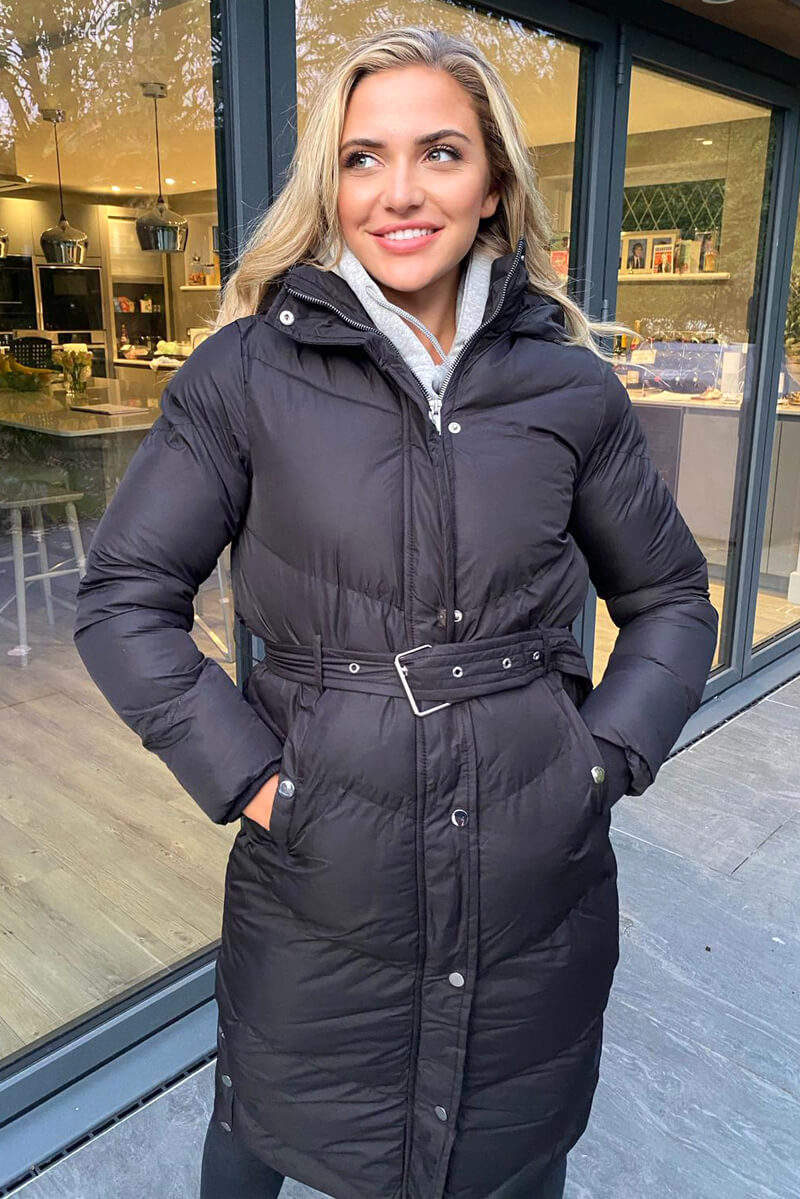 Black Belted Long Puffer Coat - Swimclubus