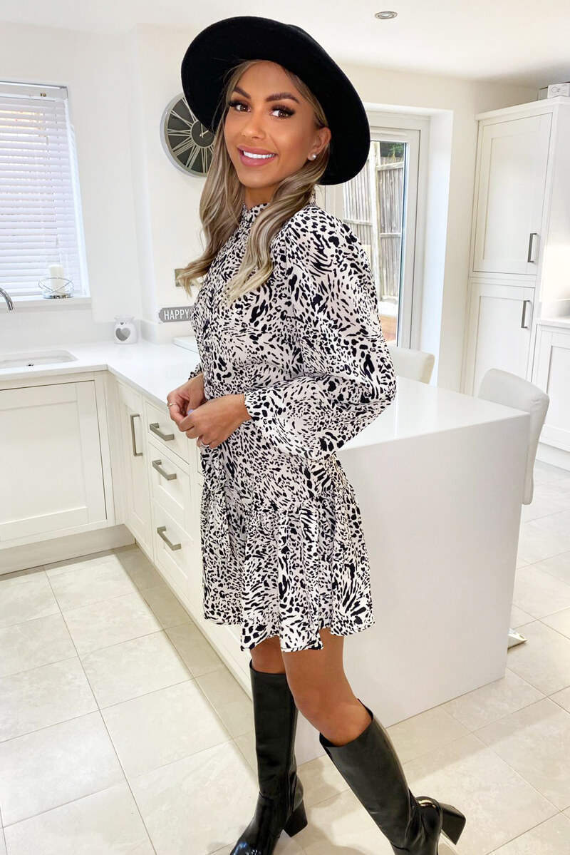 Cream Printed Tie Waist Button Up Shirt Dress - Swimclubus