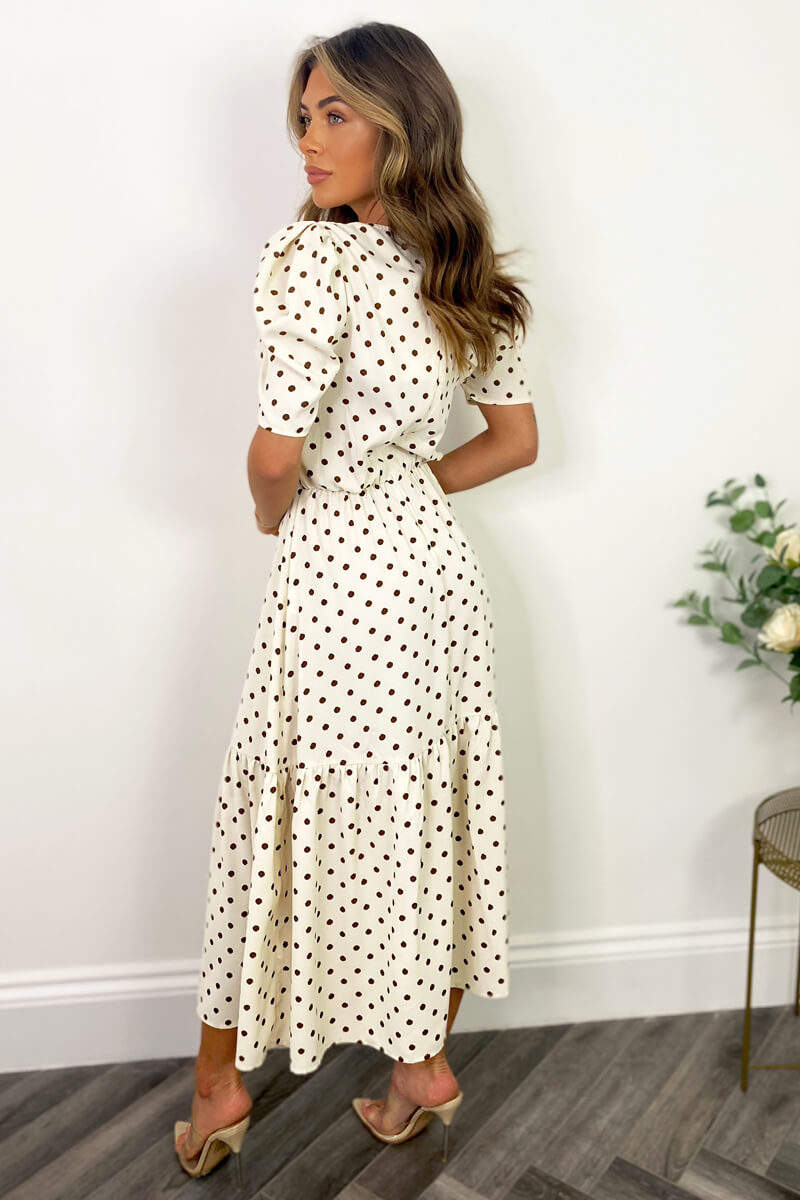 Cream And Brown Polka Dot Midi Smock Dress - Swimclubus