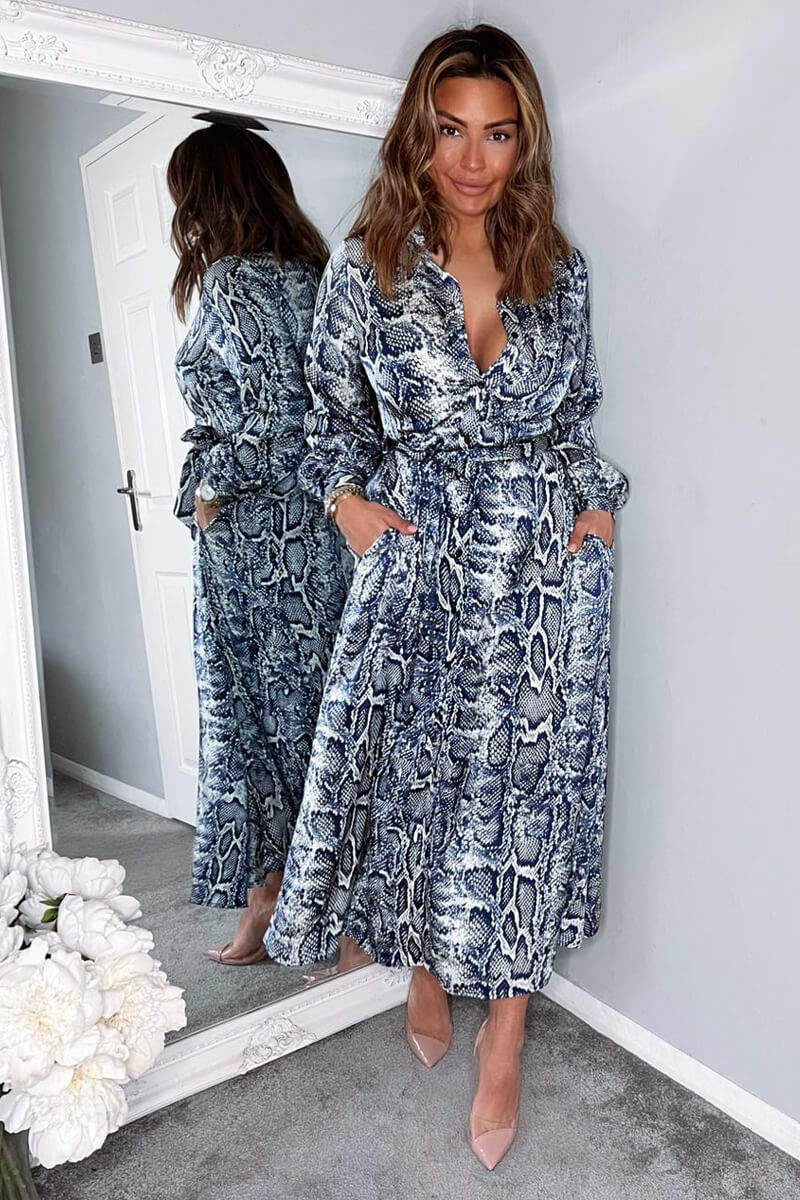 Navy Snake Print Tie Waist Midi Shirt Dress - Swimclubus
