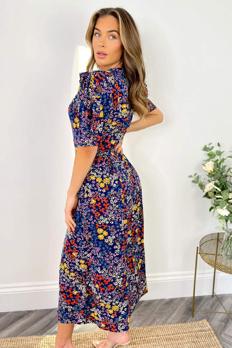 Blue Floral Pleated Sleeve Split Leg Midi Dress - Swimclubus