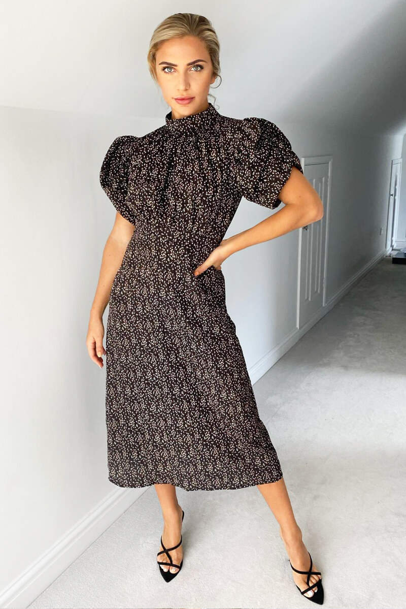 Black Ditsy Floral Puff Sleeve Midi Dress - Swimclubus