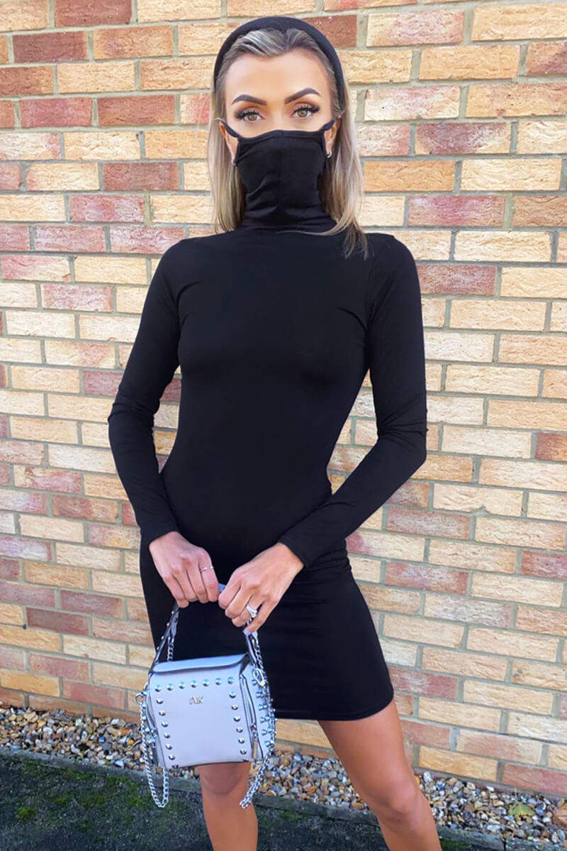 Black Jersey Long Sleeve Mask Bodycon Dress - Swimclubus