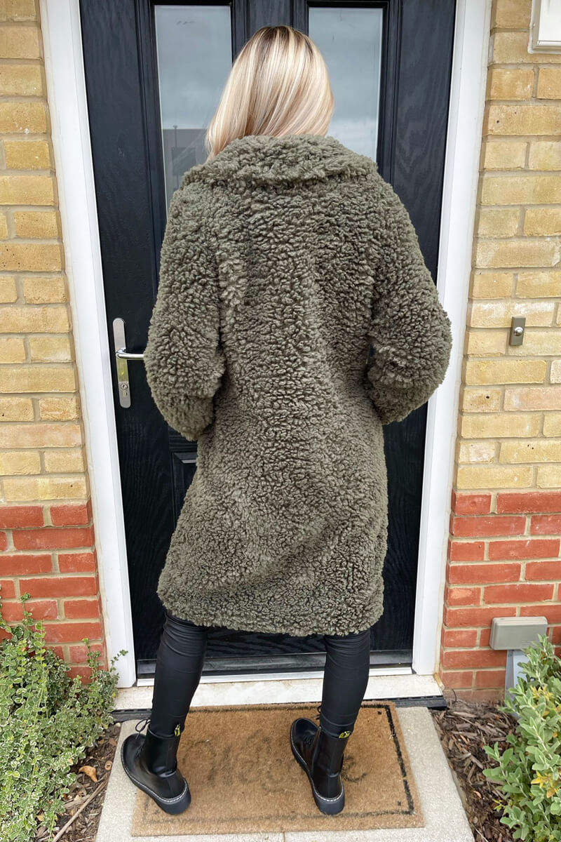 Khaki Long Line Teddy Faux Fur Coat - Swimclubus