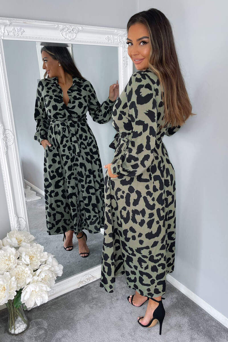 Khaki Animal Print Button Up Midi Dress - Swimclubus