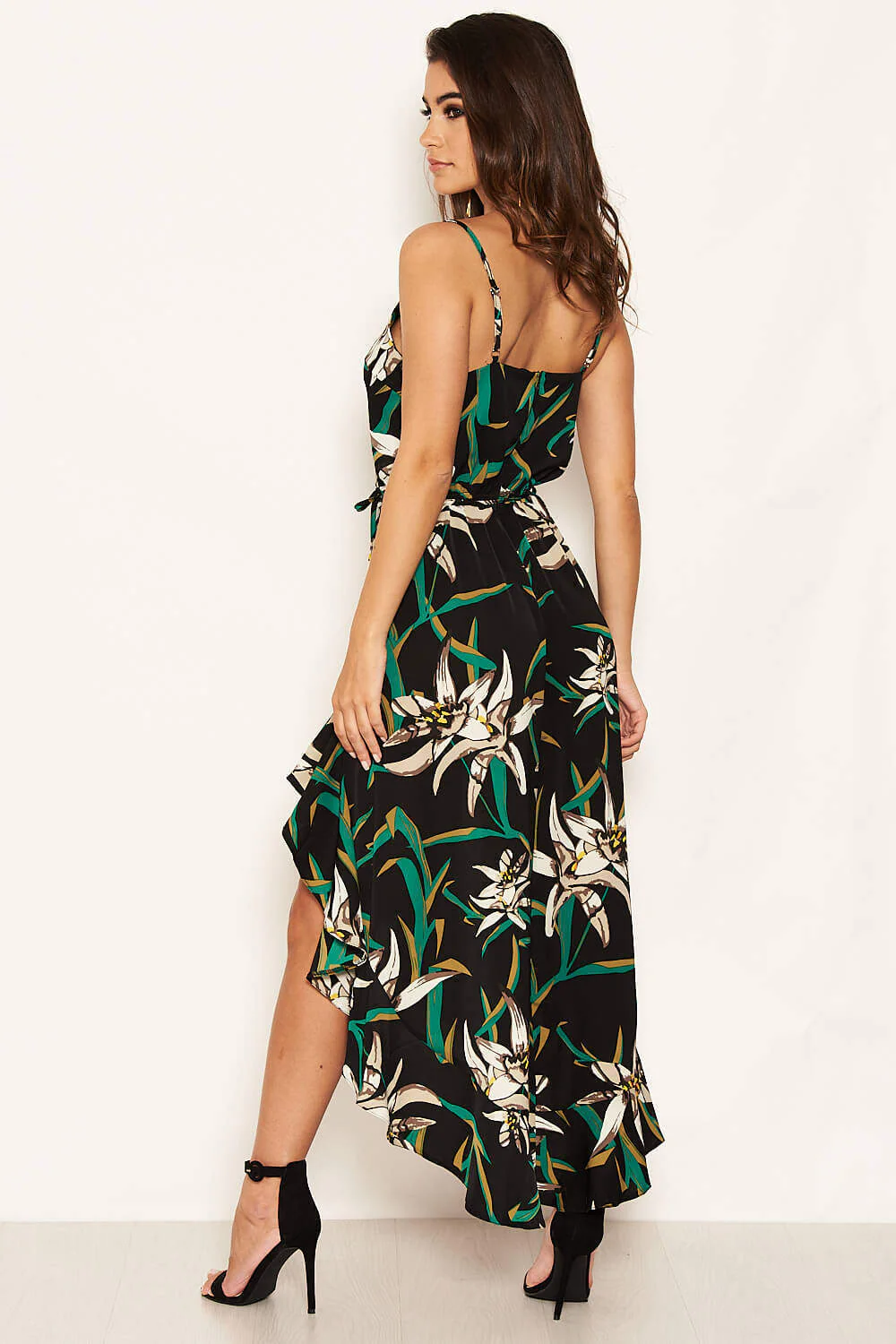 Black Floral Strappy Midi Dress with Side Split - Swimclubus