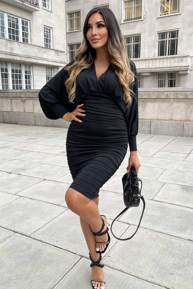 Black Ruched Bat Wing Sleeve Midi Dress - Swimclubus