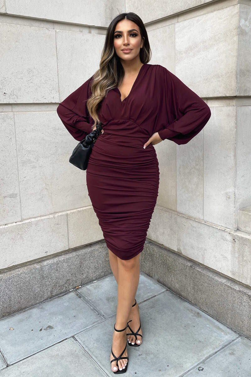Plum Ruched Bat Wing Sleeve Midi Dress - Swimclubus