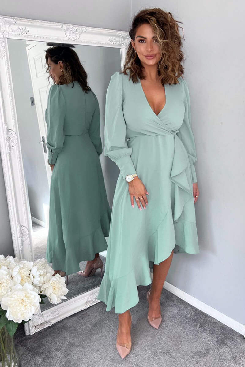 Duck Egg Long Sleeve Frill Wrap Midi Dress - Swimclubus