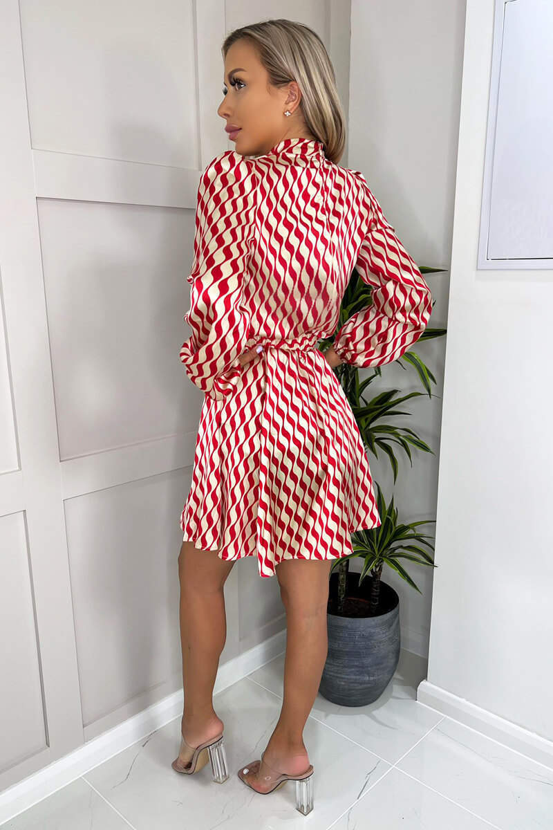 Red and Stone Printed Long Sleeve Skater Dress - Swimclubus