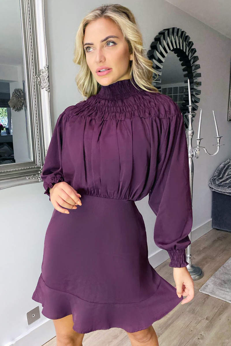 Plum Shirring Neck Skater Dress - Swimclubus