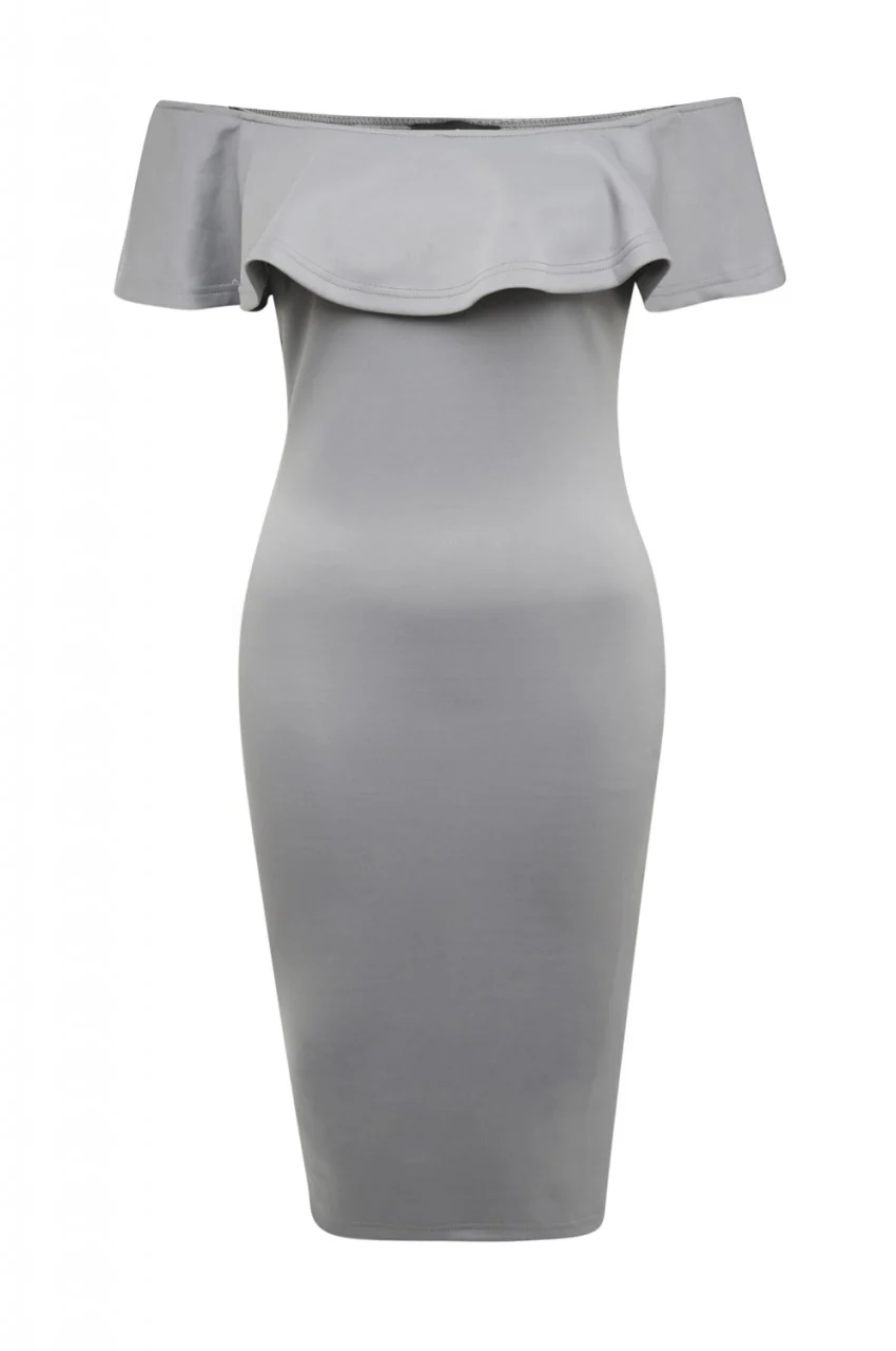 Grey Midi Dress with Off-The-Shoulder Frill Detail - Swimclubus