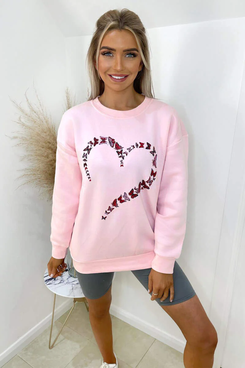 Pink Butterfly Printed Oversized Sweatshirt - Swimclubus