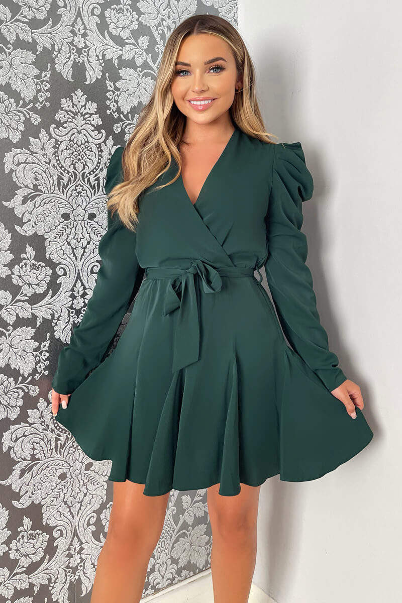 Teal Long Sleeve Tie Waist Skater Dress - Swimclubus