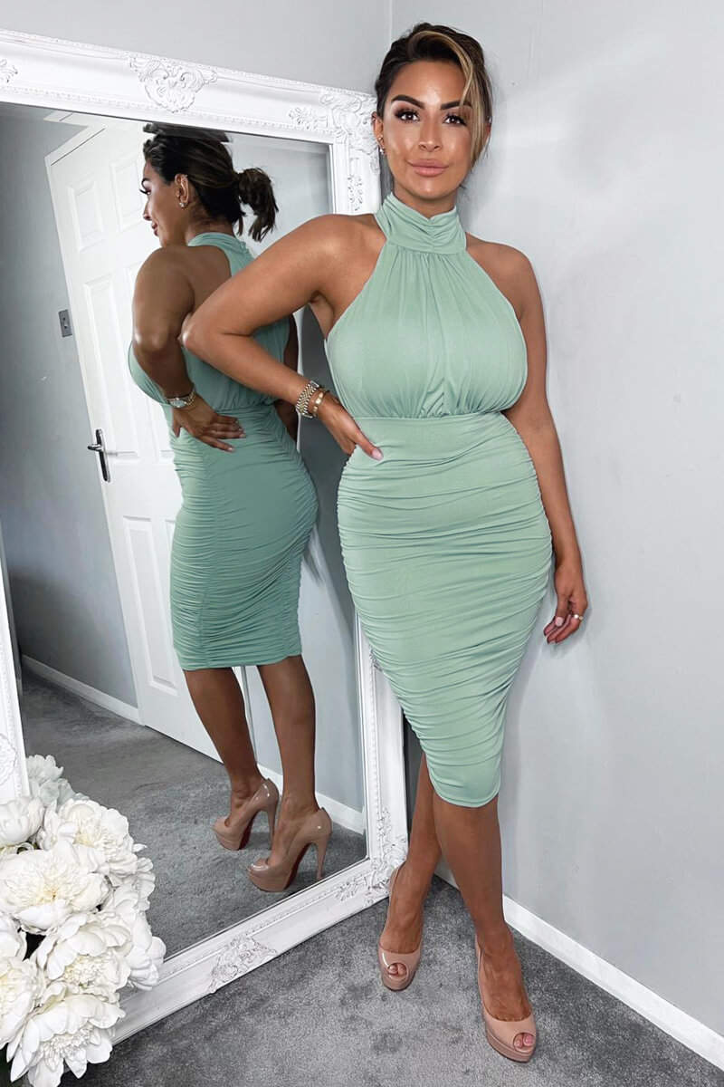 Duck Egg Ruched High Neck Midi Dress - Swimclubus