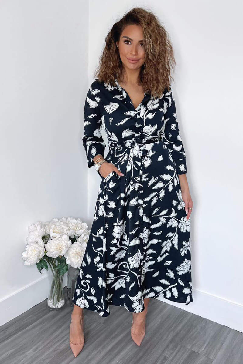 Navy And White Floral Printed Midi Shirt Dress - Swimclubus