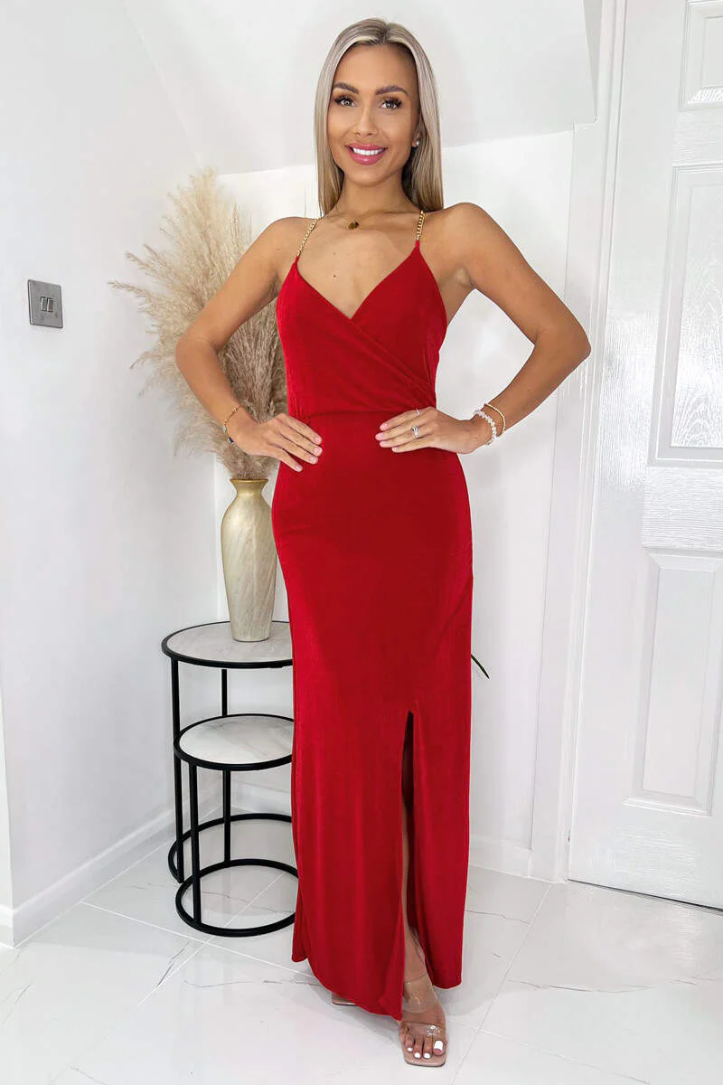 Red Wrap Top Ruched Side Chain Strap Midi Dress - Swimclubus