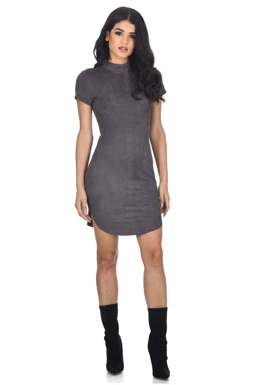 Dark Grey Faux Suede Mini Dress With High Neck - Swimclubus