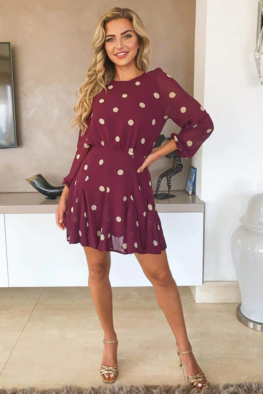 Wine Spotty Pleated Skirt Dress - Swimclubus
