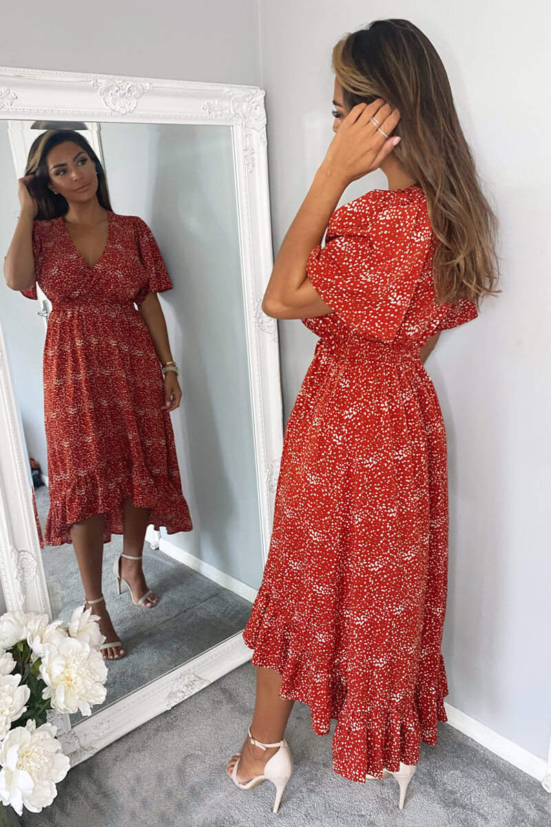 Rust Dot Printed Elasticated Waist Midi Dress - Swimclubus