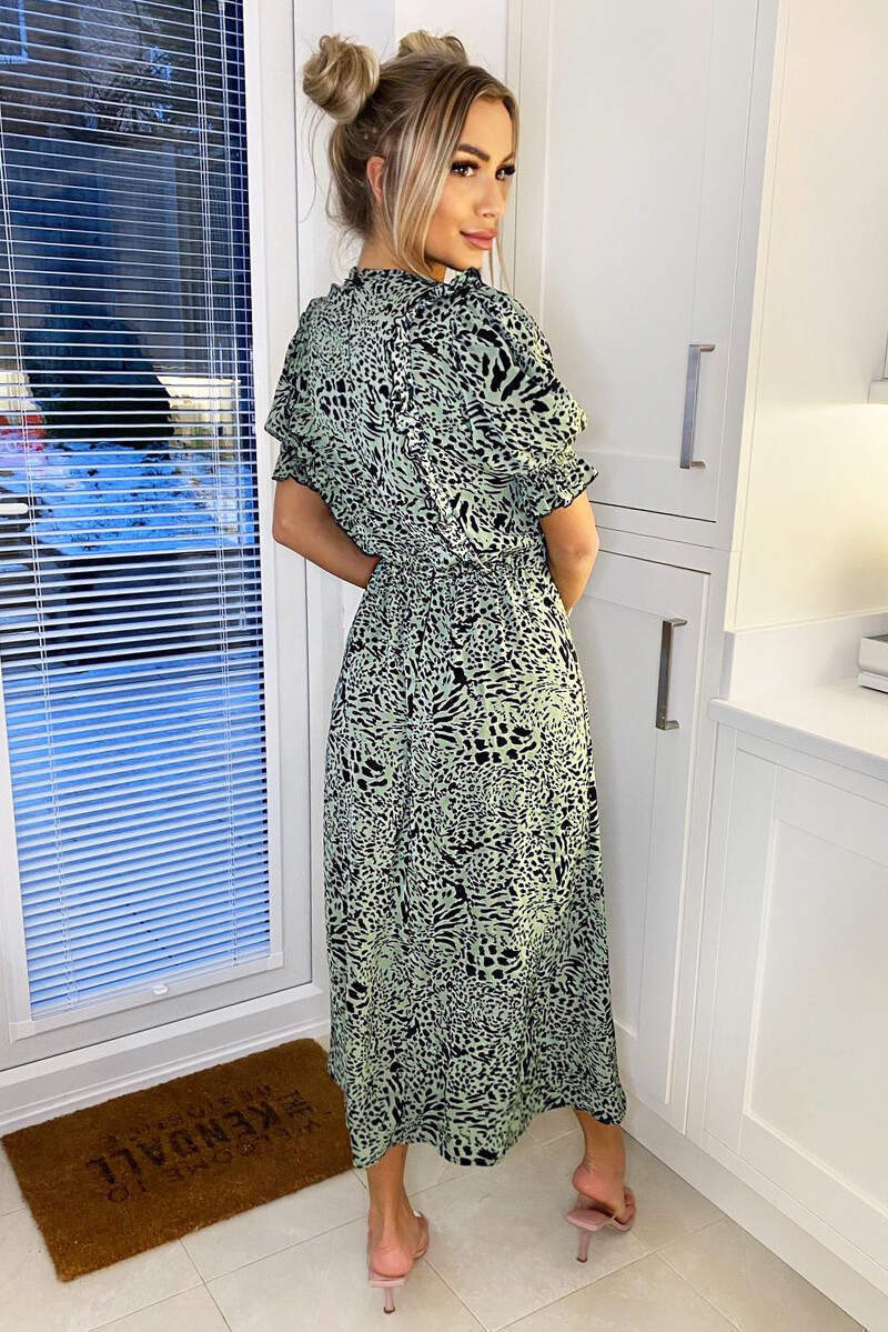 Mint Animal Print Pleat Frill Midi Dress - Swimclubus