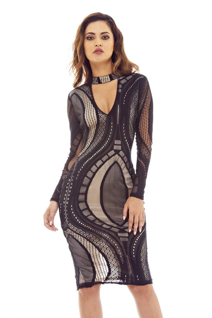 Black/Nude Mesh Bodycon Dress with Contrast Cut-Out-Neck Style - Swimclubus