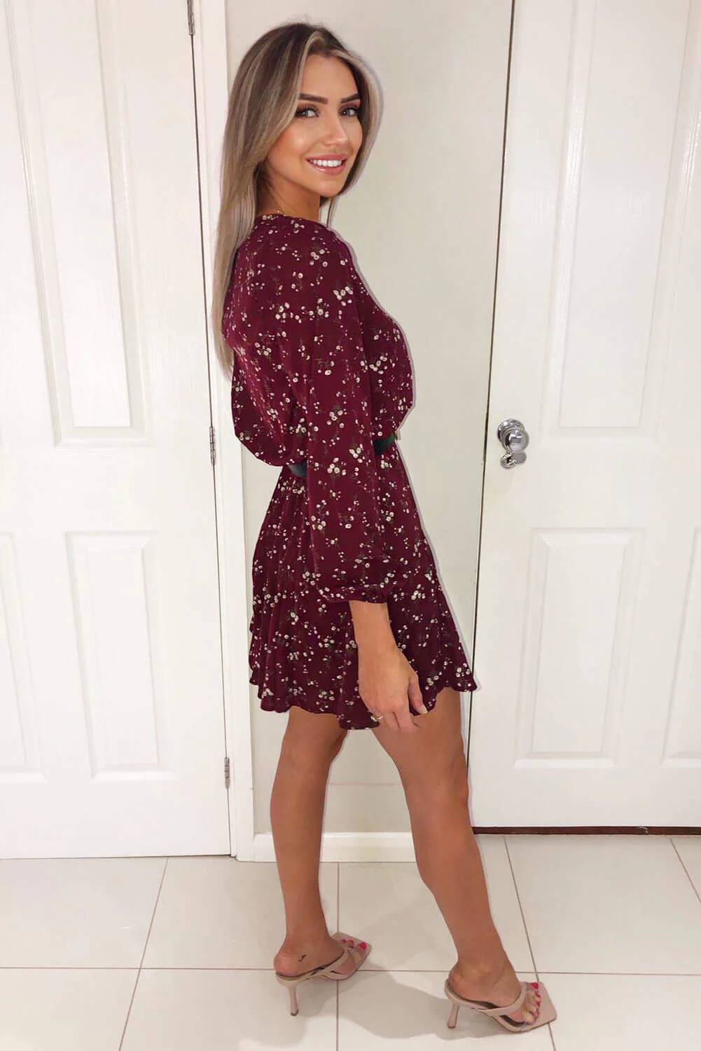 Wine Floral Printed Pleat Dress - Swimclubus