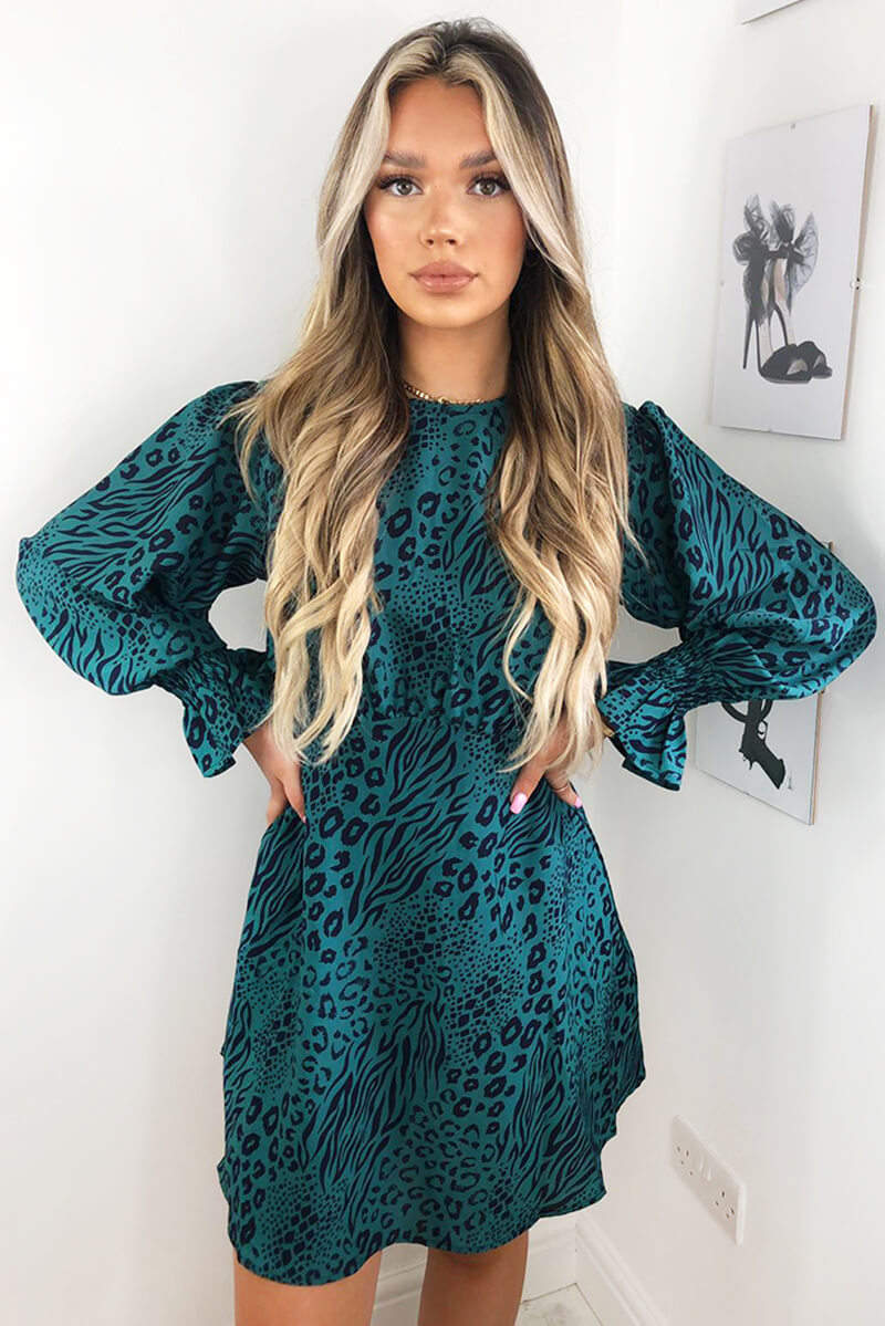 Teal Animal Printed Elastic Cuff Dress - Swimclubus